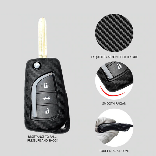 Car Styling Soft Carbon Fiber Pattern Key Cover Compatible with Toyota Folding Key with Keychain