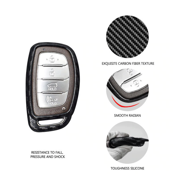 Car Styling Soft Carbon Fiber Pattern Key Cover Compatible With Hyundai Push Button Start Smart Key With Keychain, Black