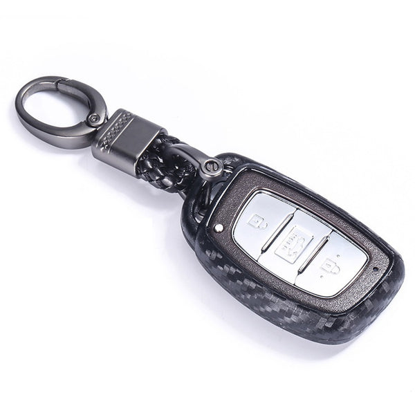 Car Styling Soft Carbon Fiber Pattern Key Cover Compatible With Hyundai Push Button Start Smart Key With Keychain, Black