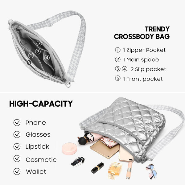 JVCV® Women’s Quilted Puffer Crossbody Bag – Lightweight & Stylish Shoulder Bag with Adjustable Strap – Perfect for Everyday & Travel