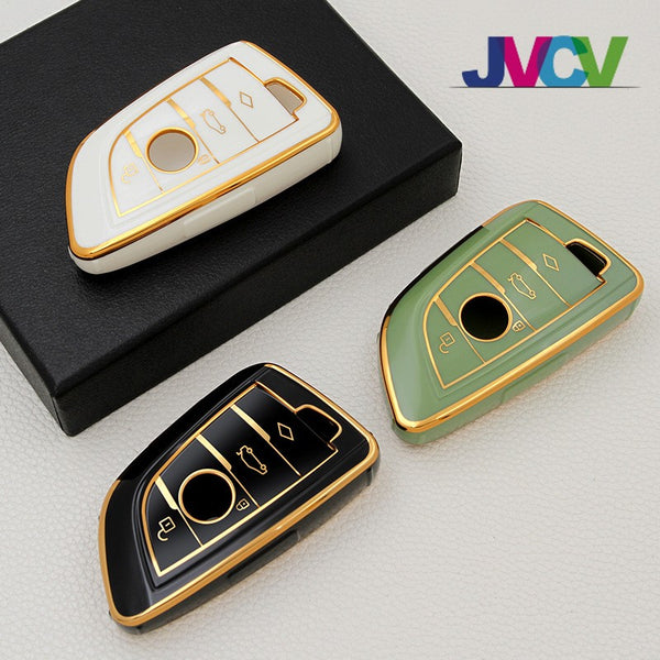 JVCV® Gold Border TPU Key Cover Compatible with BMW X1 X3 X5 X6 5 Series 6 Series 7 Series 3/4 Button Blade Smart Key – Glossy Protective Key Case