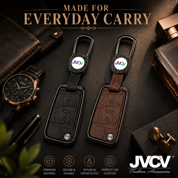 JVCV® Premium Metal & Leather Key Cover – Compatible with Skoda Kushaq, Octavia, Kodiaq, Superb & Volkswagen Taigun, Tiguan, Virtus Folding Key