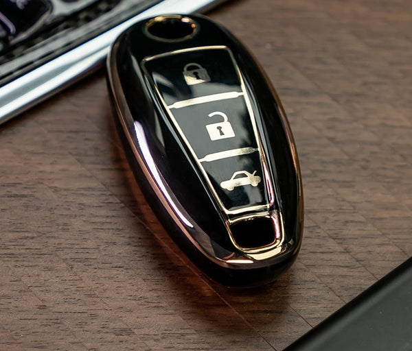 JVCV® Gold Border TPU Key Cover – Compatible with Maruti Suzuki Baleno, Ciaz, Vitara Brezza, S-Cross, Swift, Ignis & Toyota Urban Cruiser – 2 & 3 Button Smart Key