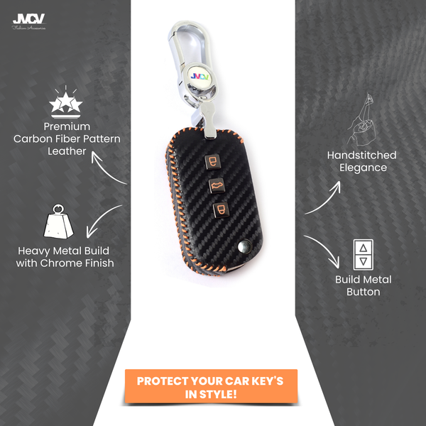 Carbon Fiber Leather Car Key Cover for Mahindra XUV 700, 3XO, Thar, Marazzo, Bolero, Scorpio, Scorpio N, XUV 300, XUV 400 EV, Thar Roxx - Premium PU Case with Keychain