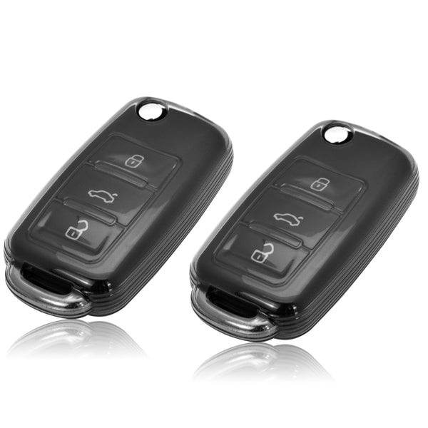 JVCV® Soft TPU Transparent Cover Compatible with Volkswagen Polo Vento Jetta Ameo Passat and Skoda Rapid Laura Superb Octavia Fabia Yeti Folding Key (Transparent Black)