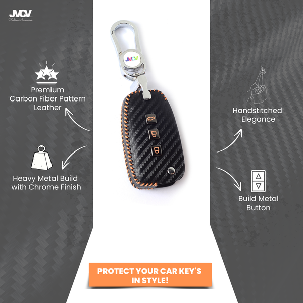 Carbon Fiber Leather Car Key Cover for Hyundai i20, Kona, Verna 3 Button Flip Key - Premium PU Case with Keychain