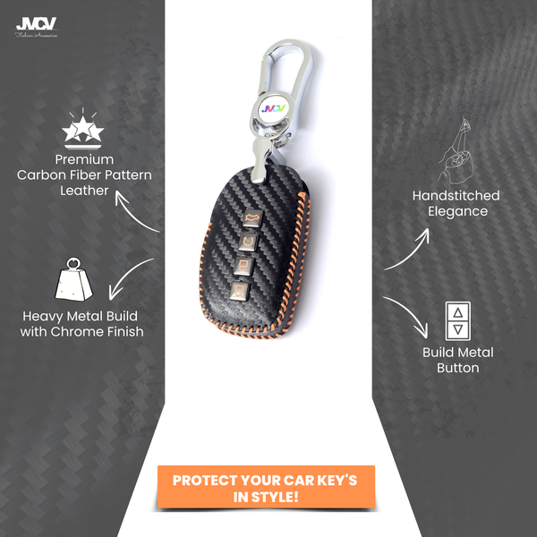 JVCV® Handmade Carbon-Fiber Pattern Leather Key Cover – Hyundai 4‑Button Smart Key (with Keychain)