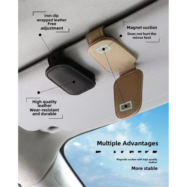 Single Pack Sunglasses Holder for Car Visor - Magnetic Leather Sunglasses Holder and Ticket Card Clip - Car Visor Accessories