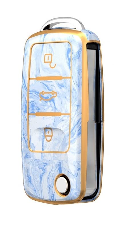 JVCV® Marble Gold Border TPU Key Cover Compatible with Volkswagen Polo Vento Jetta Ameo Passat and Skoda Rapid Laura Superb Octavia Fabia Yeti Folding Key (Black Marble)