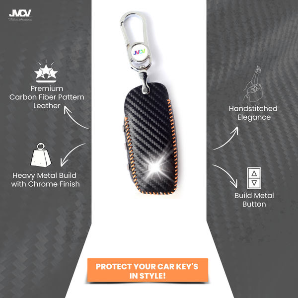 JVCV® Handmade Carbon Fiber Pattern Leather Key Cover Compatible with BMW 2023 New 7 Series 740i 760i X1 X7 XM IX I7 X5 Smart Key – Black Orange
