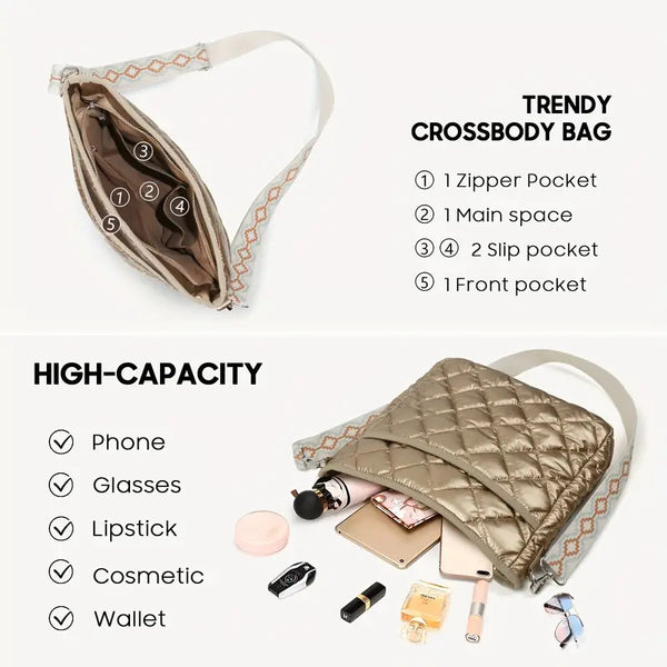 JVCV® Women’s Quilted Puffer Crossbody Bag – Lightweight & Stylish Shoulder Bag with Adjustable Strap – Perfect for Everyday & Travel