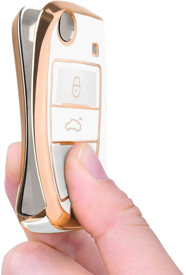 JVCV® Gold Border TPU Key Cover – Compatible with Skoda Kylaq, Slavia, Kushaq, Octavia, Kodiaq, Superb & VW Taigun, Tiguan, Virtus, T-ROC – Folding Key
