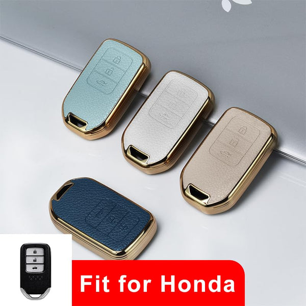 JVCV® Premium Soft Gold Border TPU Leather Pattern Key Cover Compatible with Honda City, Elevate, Civic, Jazz, Amaze, CR-V, WR-V, BR-V 3/4 Button Push Button Start Smart Key