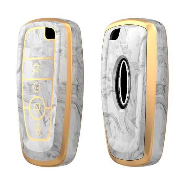 JVCV® Marble Gold Border TPU Key Cover Compatible with Ford Ecosport Aspire Freestyle Endeavour Push Button Start Car Key