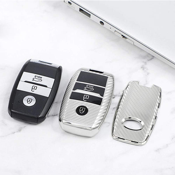 JVCV® Premium Soft TPU Leather Pattern Key Cover Compatible with Kia Seltos Sonet Carens 3 Button Push Start Car Key