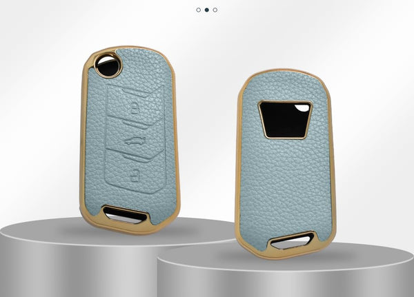 JVCV® Premium Soft Gold Border TPU Leather Pattern Key Cover Compatible with Mahindra XUV 700, 3XO, Thar, Marazzo, Bolero, Scorpio, Scorpio N, XUV 300, XUV 400 EV Thar Roxx 3 Button flip Key