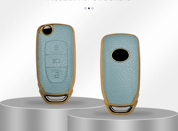 JVCV® Premium Soft Gold Border TPU Leather Pattern Key Cover Compatible with Tata Curvv Tiago Tigor Punch Nexon Zest Bolt Safari Storme Flip Key