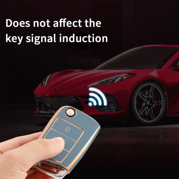 JVCV® Gold Border TPU Key Cover – Compatible with Skoda Kylaq, Slavia, Kushaq, Octavia, Kodiaq, Superb & VW Taigun, Tiguan, Virtus, T-ROC – Folding Key