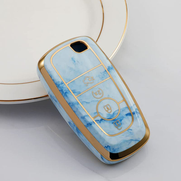 JVCV® Marble Gold Border TPU Key Cover Compatible with Ford Ecosport Aspire Freestyle Endeavour Push Button Start Car Key