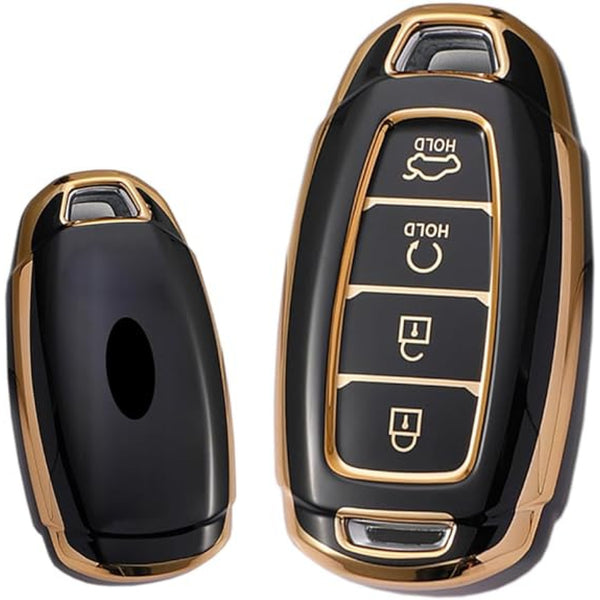 Gold Border TPU Key Cover Compatible with Hyundai Verna 2023 Car 4 Button Smart Key (Black)