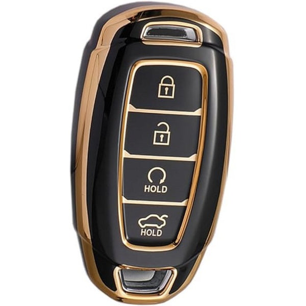 Gold Border TPU Key Cover Compatible with Hyundai Verna 2023 Car 4 Button Smart Key (Black)