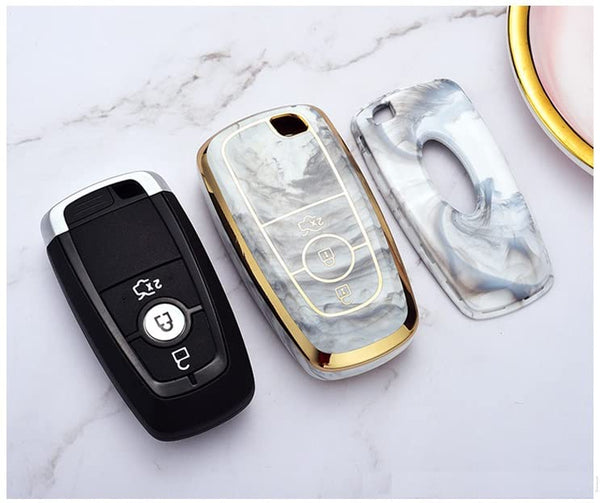 JVCV® Marble Gold Border TPU Key Cover Compatible with Ford Ecosport Aspire Freestyle Endeavour Push Button Start Car Key