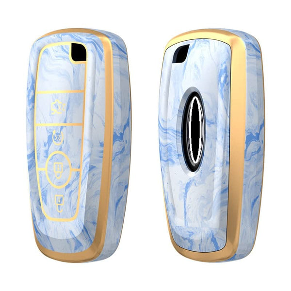 JVCV® Marble Gold Border TPU Key Cover Compatible with Ford Ecosport Aspire Freestyle Endeavour Push Button Start Car Key
