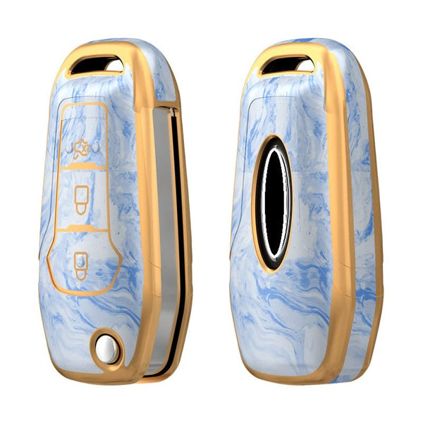 JVCV® Marble Gold Border TPU Key Cover Compatible with Ford Endeavour Figo Aspire Freestyle 3 Button Folding Key