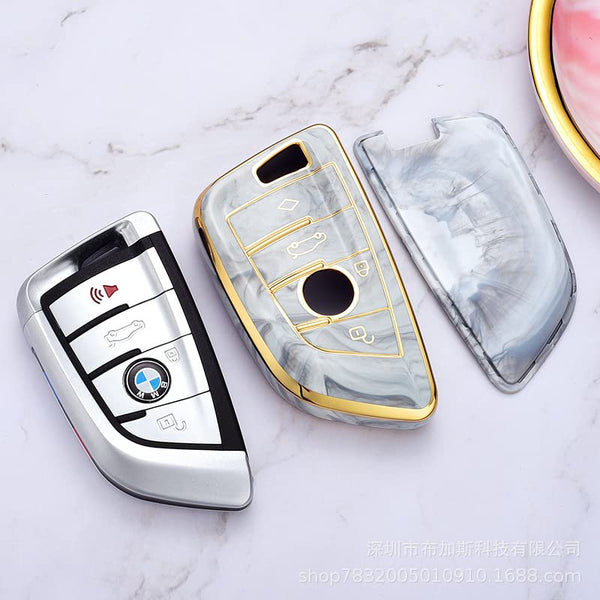 JVCV® Marble Gold Border TPU Key Cover Compatible with BMW Blade Smart Key
