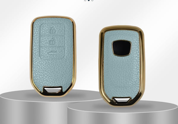 JVCV® Premium Soft Gold Border TPU Leather Pattern Key Cover Compatible with Honda City, Elevate, Civic, Jazz, Amaze, CR-V, WR-V, BR-V 3/4 Button Push Button Start Smart Key