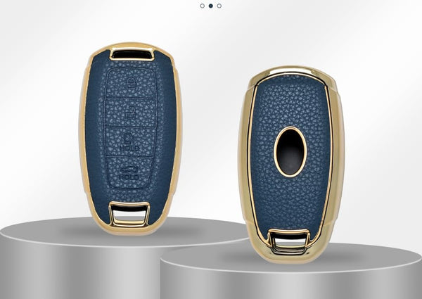 JVCV® Premium Soft Gold Border TPU Leather Pattern Key Cover Compatible with New Hyundai Verna and i20 NLine 4 Button Car Key