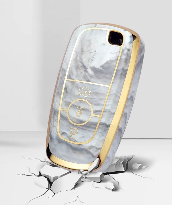 JVCV® Marble Gold Border TPU Key Cover Compatible with Ford Ecosport Aspire Freestyle Endeavour Push Button Start Car Key