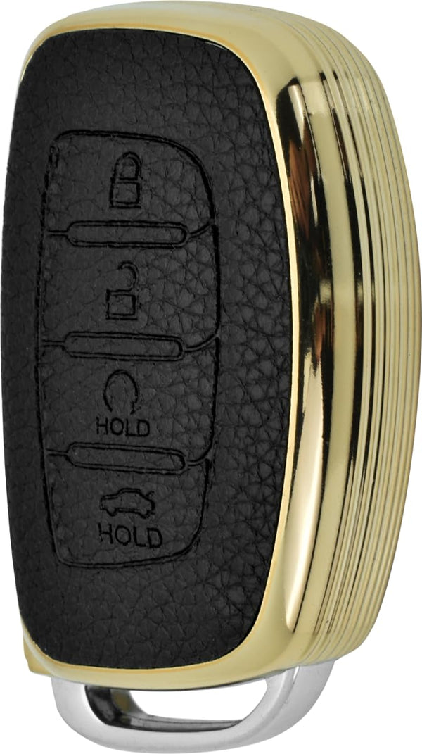JVCV® Premium Soft Gold Border TPU Leather Pattern Key Cover Compatible with New Hyundai Alcazar and Creta 4 Button Smart Key