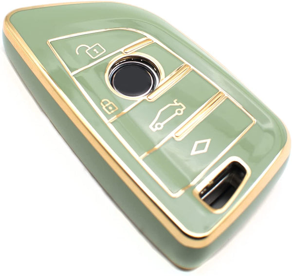 JVCV® Gold Border TPU Key Cover Compatible with BMW X1 X3 X5 X6 5 Series 6 Series 7 Series 3/4 Button Blade Smart Key – Glossy Protective Key Case