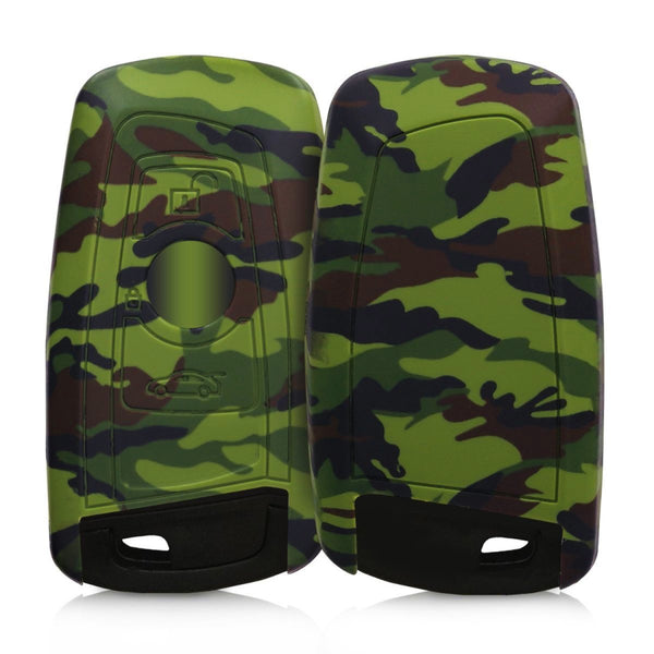 Car Styling Soft Silicone Camouflage Key Cover Compatible with BMW Smart Key (Green Camouflage)