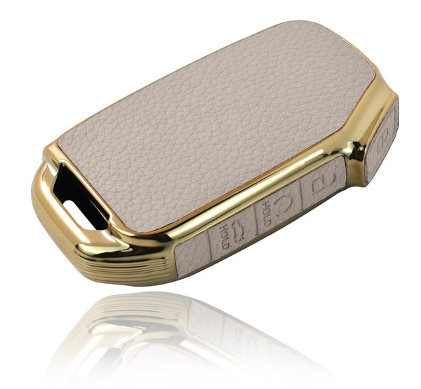JVCV® Premium Soft Gold Border TPU Leather Pattern Key Cover Compatible with Kia Seltos 2023 Facelift HTX 4 Button Smart Key