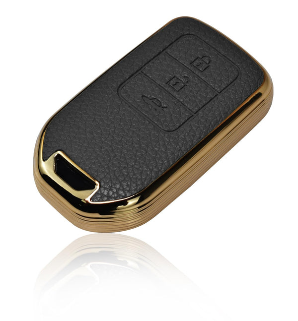 JVCV® Premium Soft Gold Border TPU Leather Pattern Key Cover Compatible with Honda City, Elevate, Civic, Jazz, Amaze, CR-V, WR-V, BR-V 3/4 Button Push Button Start Smart Key
