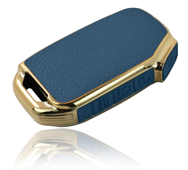 JVCV® Premium Soft Gold Border TPU Leather Pattern Key Cover Compatible with Kia Seltos 2023 Facelift HTX 4 Button Smart Key