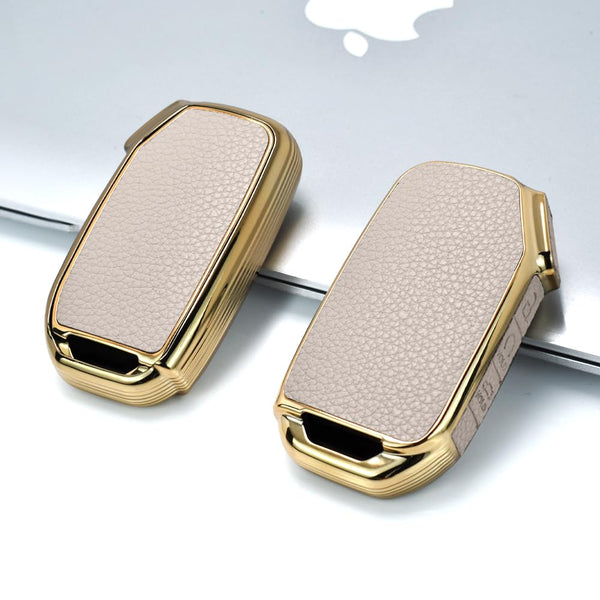 JVCV® Premium Soft Gold Border TPU Leather Pattern Key Cover Compatible with Kia Seltos 2023 Facelift HTX 4 Button Smart Key