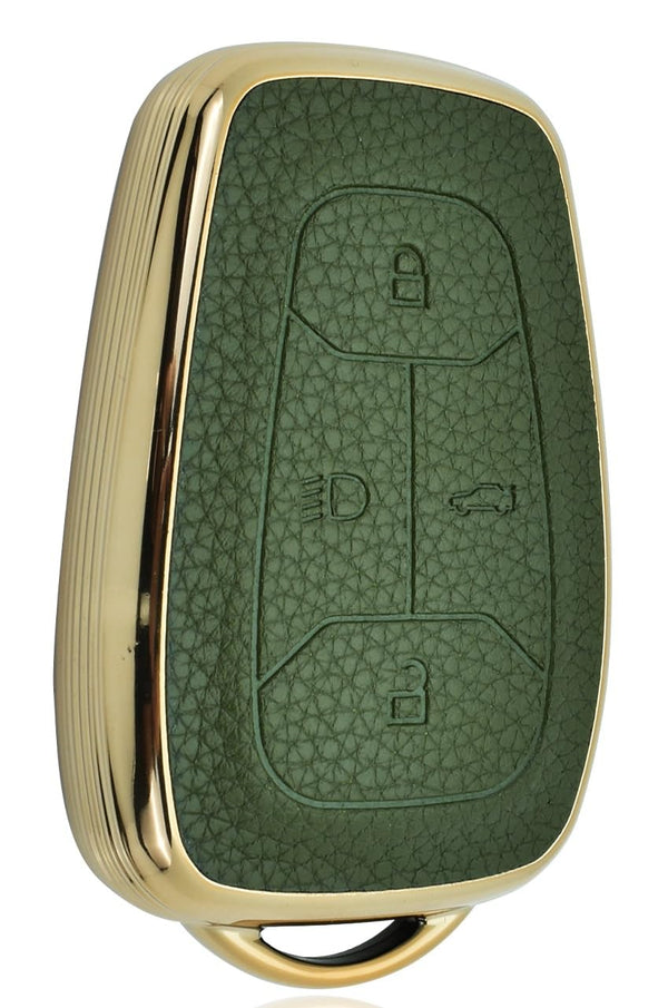 JVCV® Premium Soft Gold Border TPU Leather Pattern Key Cover Compatible with Tata Nexon, Harrier, Tiago EV, Altroz, Tigor, Safari, Nexon EV, Punch, Punch EV 4 Button Smart Key