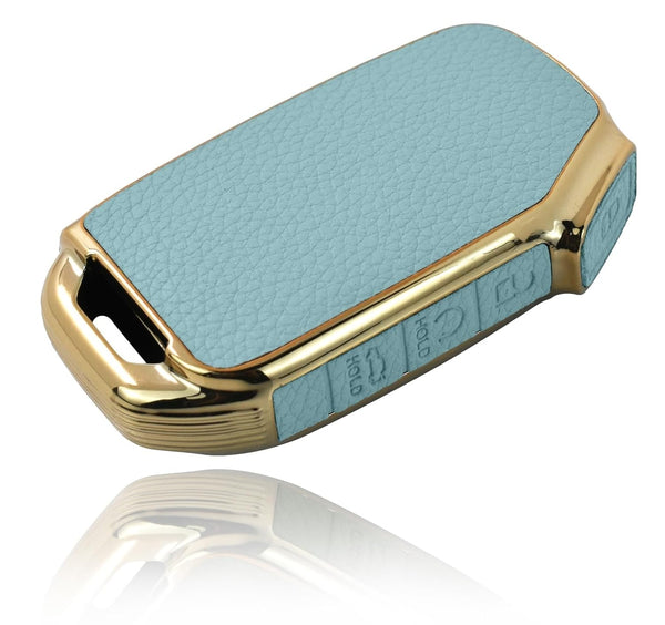 JVCV® Premium Soft Gold Border TPU Leather Pattern Key Cover Compatible with Kia Seltos 2023 Facelift HTX 4 Button Smart Key