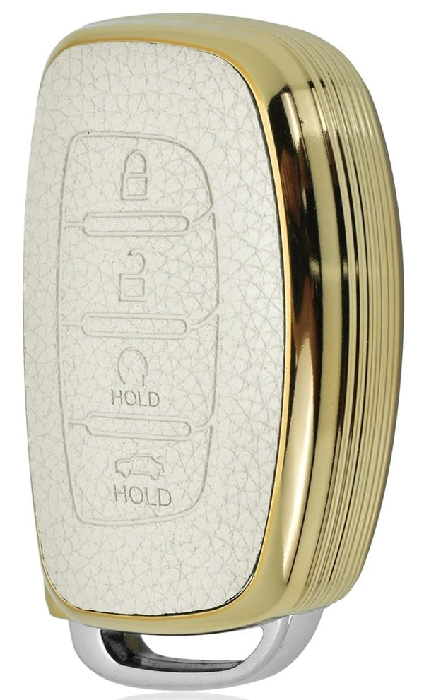 JVCV® Premium Soft Gold Border TPU Leather Pattern Key Cover Compatible with New Hyundai Alcazar and Creta 4 Button Smart Key