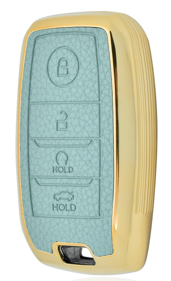 JVCV® Premium Soft Gold Border TPU Leather Pattern Key Cover Compatible with Kia Seltos Sonet Carens 4 Button Smart Key