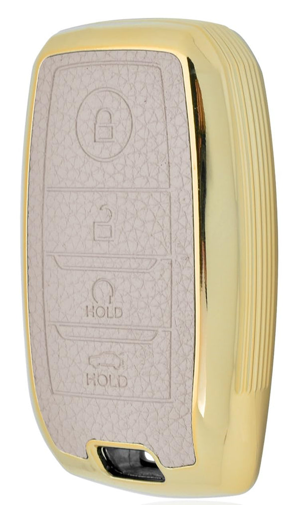 JVCV® Premium Soft Gold Border TPU Leather Pattern Key Cover Compatible with Kia Seltos Sonet Carens 4 Button Smart Key