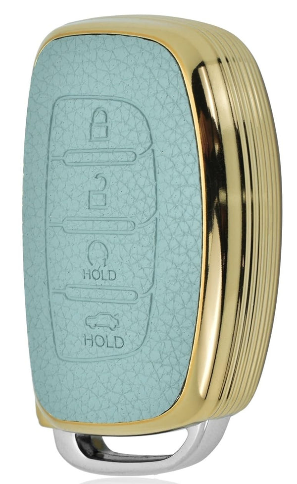 JVCV® Premium Soft Gold Border TPU Leather Pattern Key Cover Compatible with New Hyundai Alcazar and Creta 4 Button Smart Key