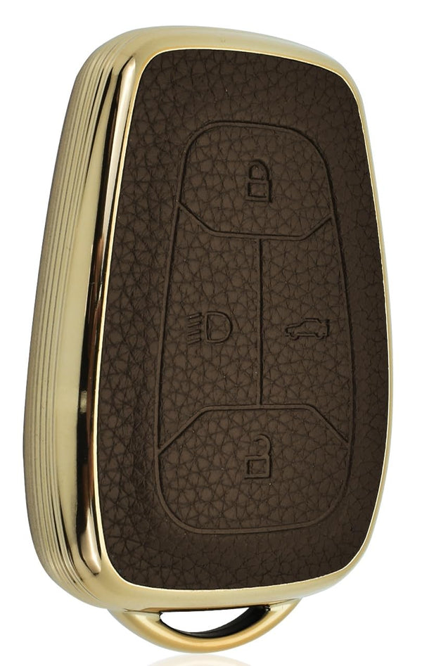 JVCV® Premium Soft Gold Border TPU Leather Pattern Key Cover Compatible with Tata Nexon, Harrier, Tiago EV, Altroz, Tigor, Safari, Nexon EV, Punch, Punch EV 4 Button Smart Key