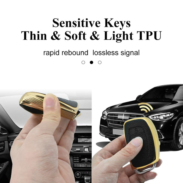 JVCV® Premium Soft Gold Border TPU Leather Pattern Key Cover Compatible with New Hyundai Alcazar and Creta 4 Button Smart Key
