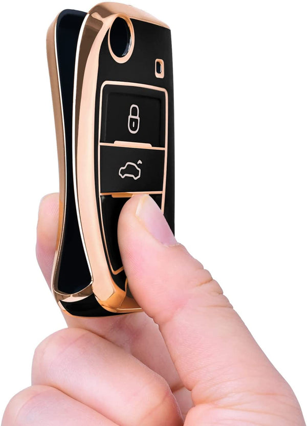 JVCV® Gold Border TPU Key Cover – Compatible with Skoda Kylaq, Slavia, Kushaq, Octavia, Kodiaq, Superb & VW Taigun, Tiguan, Virtus, T-ROC – Folding Key
