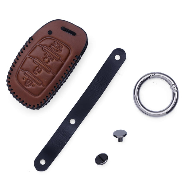 JVCV® Soft Handmade Leather Key Cover Compatible with New Hyundai Alcazar and Creta 4 Button Smart Key