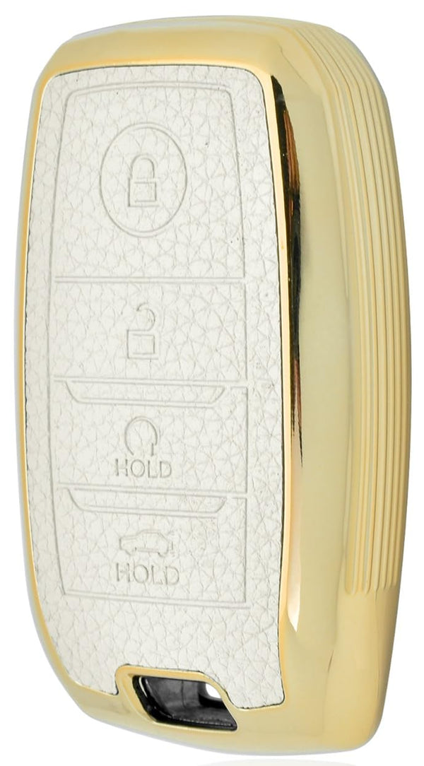 JVCV® Premium Soft Gold Border TPU Leather Pattern Key Cover Compatible with Kia Seltos Sonet Carens 4 Button Smart Key